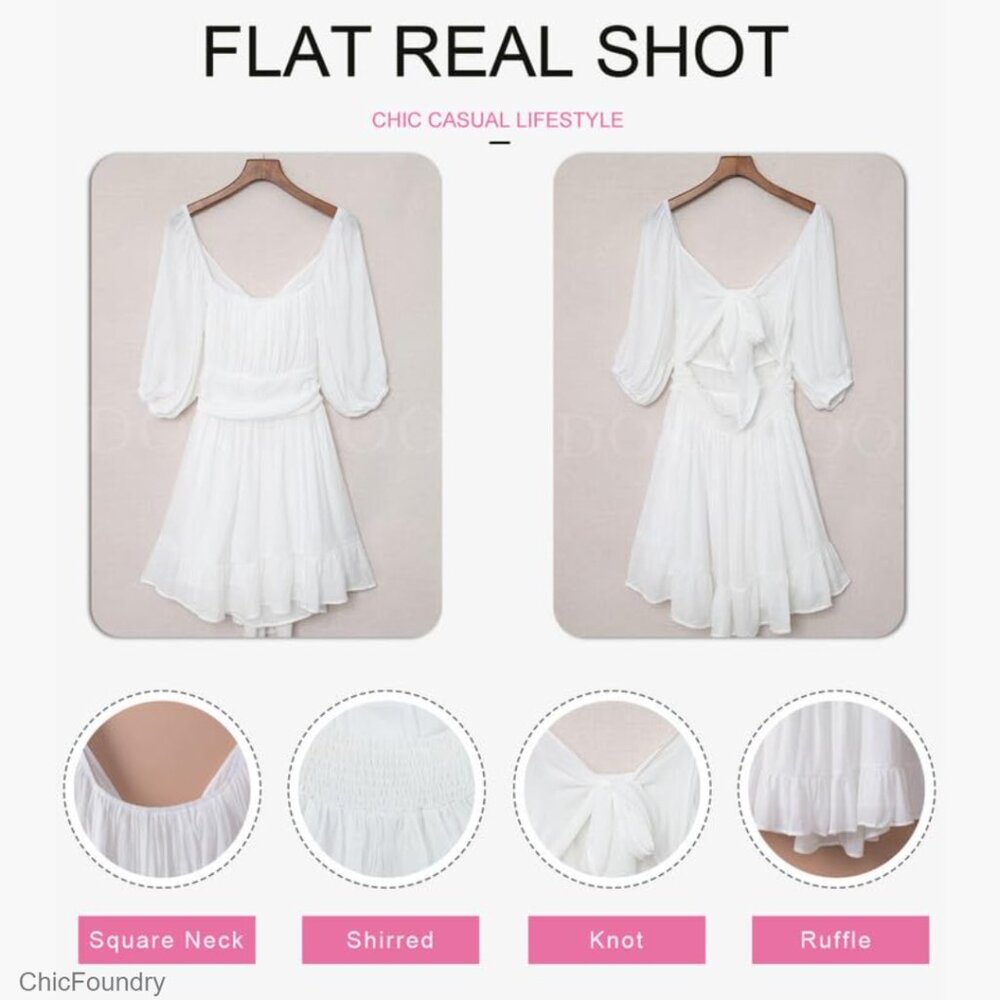 Square Neck Tie Back Lantern Sleeve Ruffle A-Line Casual Summer Dress - Picture 4 of 7